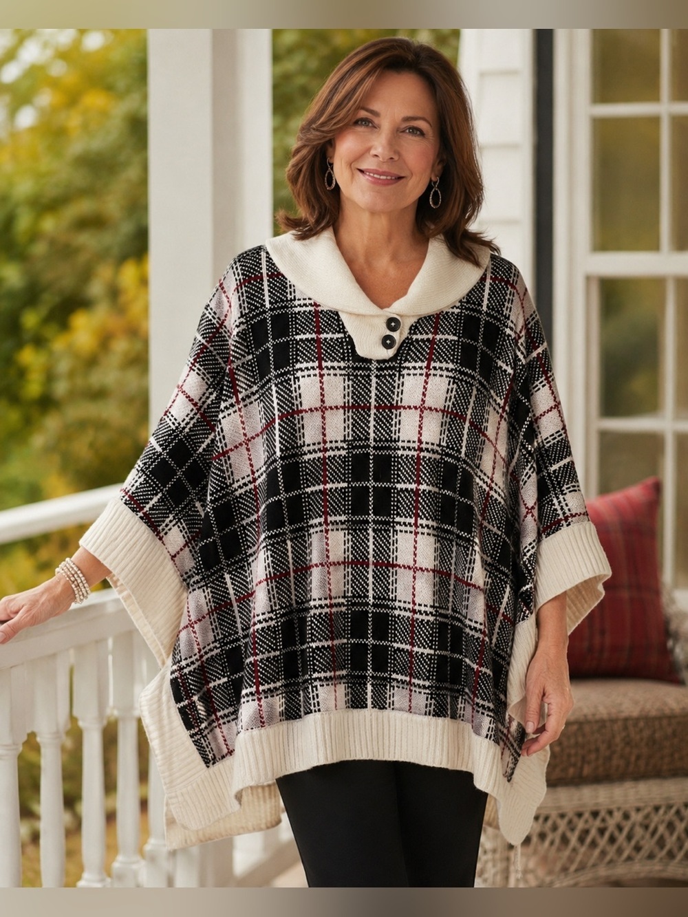 Talbots Plaid Poncho Wool Knit Shawl Collar Sweater Cape Womens Sz M Ivory Black